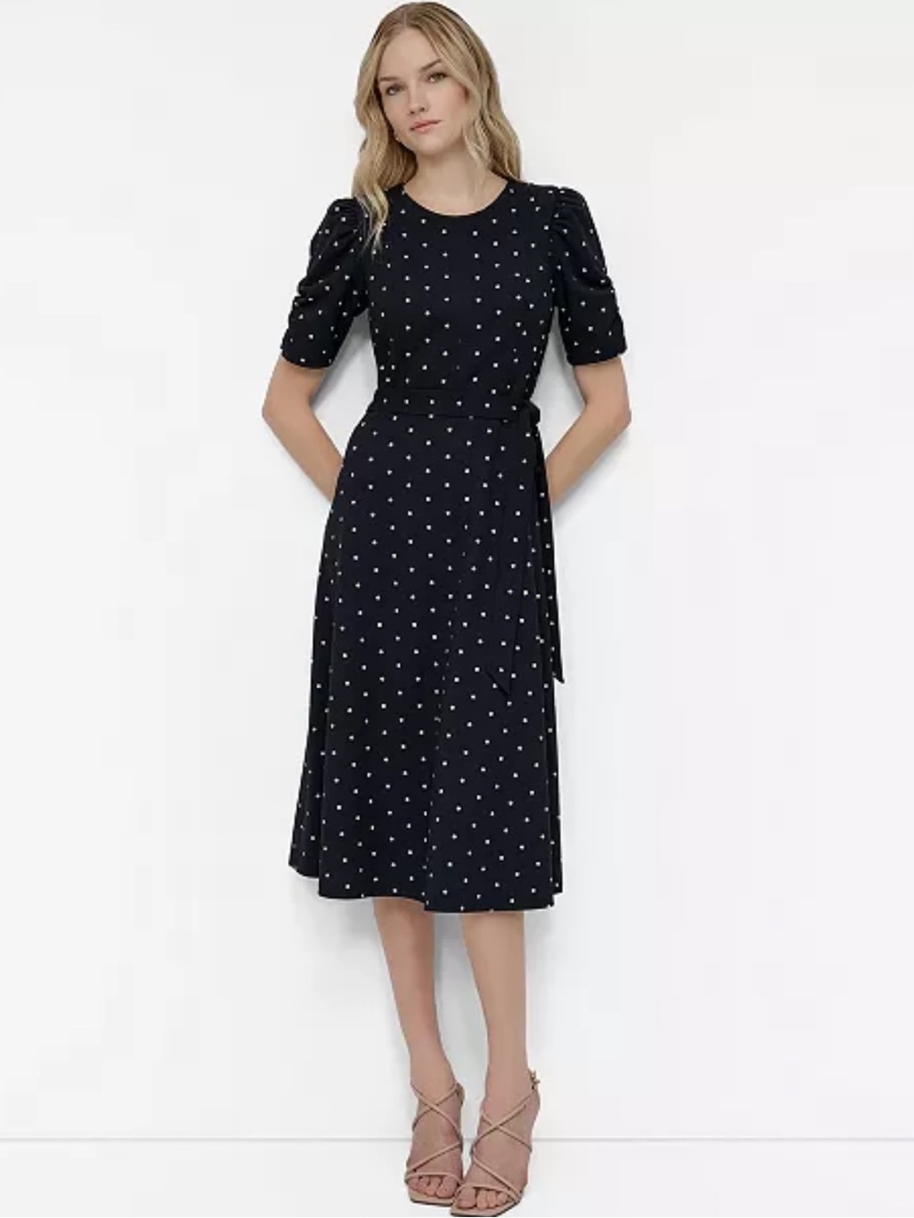 DKNY Navy Blue White Polka Dot Puff Sleeve Tie Waist Midi Dress (Size 14)